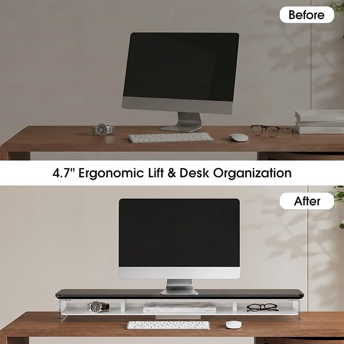 Fenge 42.5" Dual Monitor Stand with Clear Acrylic Legs, Black | Clear acrylic, storage compartment, 2-tier home office monitor riser, wide large desktop shelf fit monitor/laptop/printer