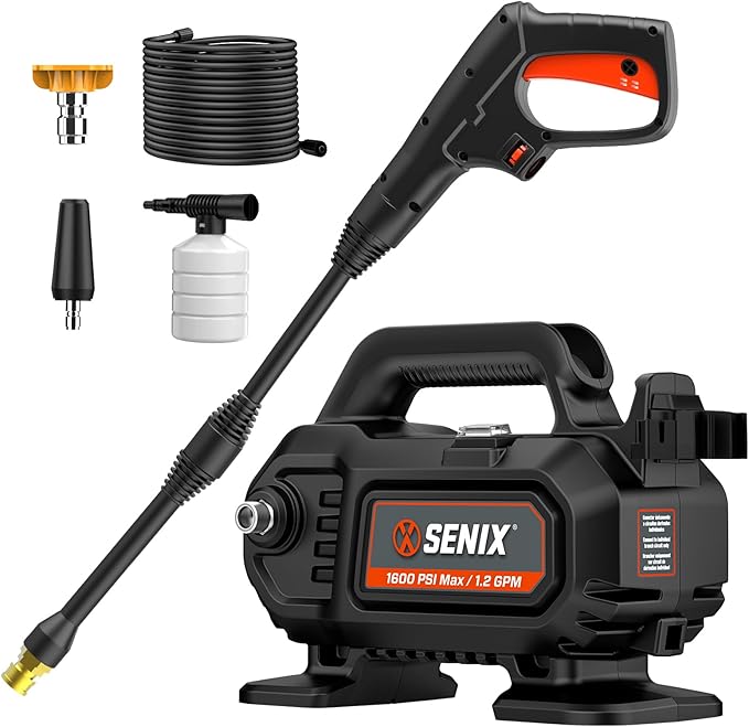SENIX 1100 PSI Electric Pressure Washer with Foam Cannon - Compact Power Washer for Cars, Driveways, Patios & Outdoor Cleaning - Includes 15° Nozzle, Turbo Nozzle, Spray Gun, 20 ft Hose & 35 ft Cord