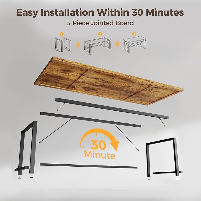 Mericonia 63x28 Inch Computer Desk, 1" Thick Large Office Table, Brown | Modern Simple Style, Heavy Duty Industrial Frame, Large Study & Writing Table for Home Bedroom Work
