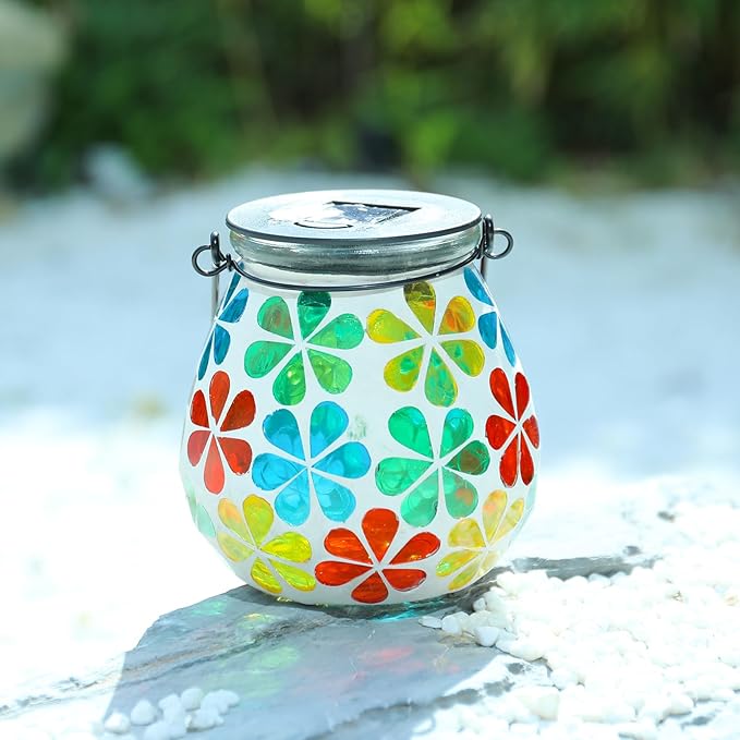 Afirst Mosaic Solar Lanterns Outdoor - Glass Hanging Solar Lights Hollow Out Waterproof Table Lamp Outdoor Decorative for Garden, Patio, Holiday Party Outdoor Decoration