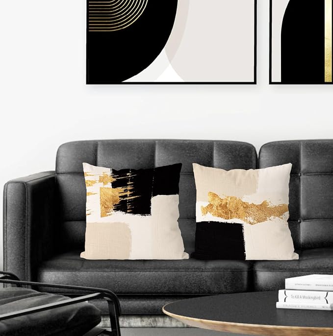 Black Beige and Gold Abstract Pillow Covers 20x20 Double-Sided, Mid Century Modern Decorative Throw Pillow Covers for Living Room Bedroom, Modern Home Decor, Black and Gold Decor, Set of 2