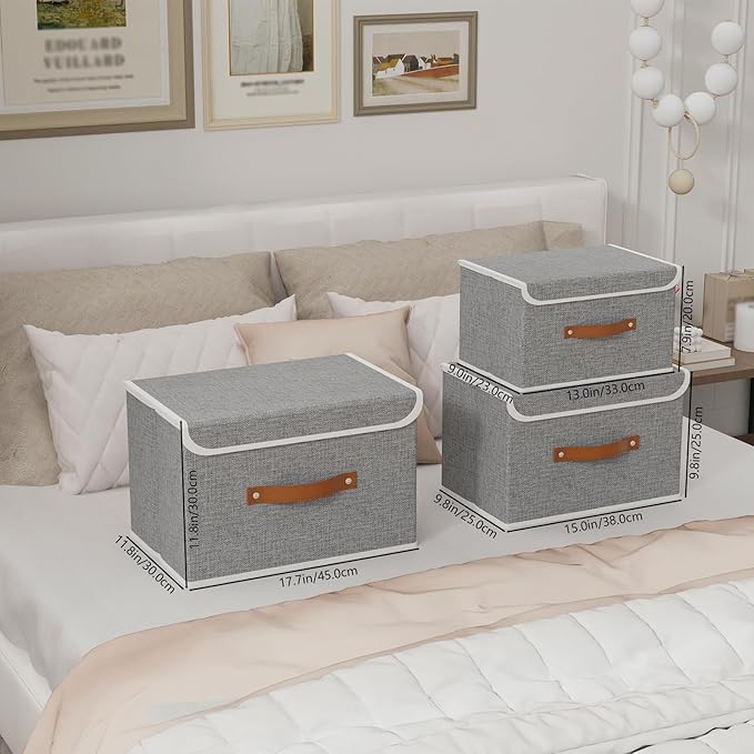 Yawinhe Collapsible Storage Boxes, Foldable Bin with Lids, Cube Clothes Organizer Basket with Handles, Grey, 13.0''Lx9.0''Wx7.9''H, 1-Pack, SNK024GS-1