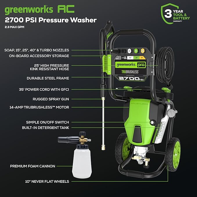 Greenworks 2700 PSI Electric Pressure Washer for Heavy-Duty Home & Outdoor Cleaning, 2.3 GPM Corded Power Washer for Driveways, Patios & Siding, Push-Button Start, CSA Certified