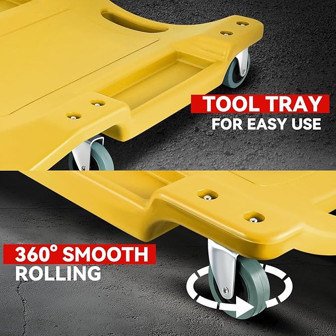 Auto Dynasty 40 Inches Mechanic Creeper, Automotive Garage Repair Low Profile Under Car Rolling Creeper with Padded Headrest, Plastic, Yellow