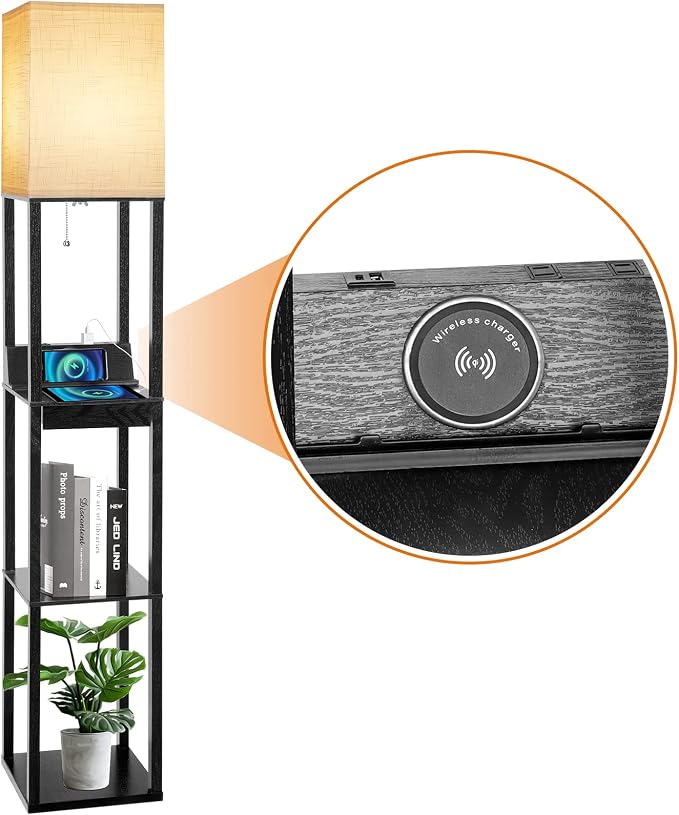 Floor Lamp with Shelves, RUNTOP LED Shelf Floor Lamp with Wireless Charger & 2 Charging USB Ports & Drawer, AC Outlet, 3 Color Temperature Tall Standing Lamp with Bulb for Living Room, Bedroom, Office