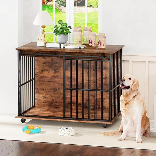 43.3" Dog Crate Furniture, Dog Kennel Indoor with Wheels for Large Medium Small Dogs, Wooden Dog Crate End Table with Sliding Door, Wooden Dog Kennel Furniture for Living Room, Bedroom