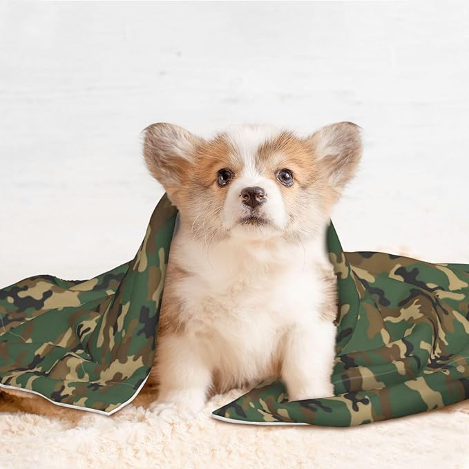 Double Sided Pet Bed Blanket for Added Cushion Warmth, Green Camouflage Army Camo, Reversible Cover with Textured Dot Surface for Existing Beds Standalone Mat