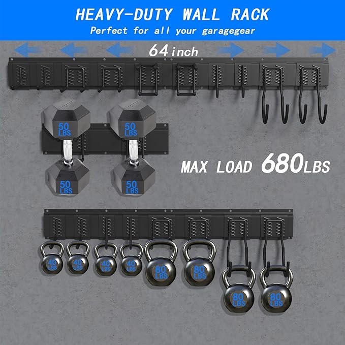 CBWLWJ Garage Tool Organizer Wall Mount, 64 inch Garage Wall Organizer, 680lbs Sturdy Garden Tool Organizer with 9 Adjustable Hooks, for Yard, Shed, Basement, Workshop(Black)