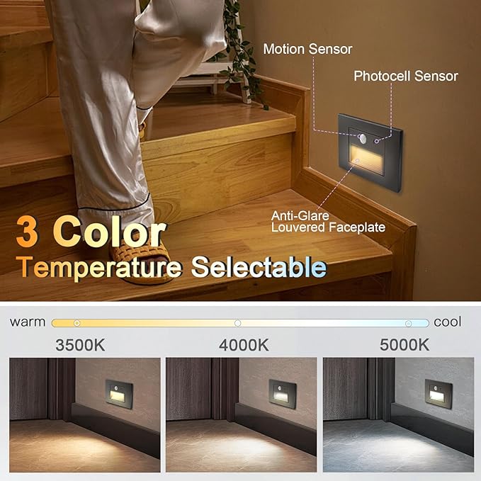 12-Pack Horizontal LED Step Lights, Motion Sensor & Dusk to Dawn, IP65 Waterproof, 3000K-5000K Adjustable, Anti-Glare Louvered, 3W 120V Stair Lights Indoor Outdoor, Bronze, ETL Certified
