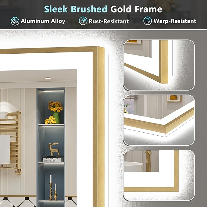84x40 Gold LED Bathroom Mirror with Lights, Brushed Gold Framed Backlit and Front Lit Anti-Fog Lighted Vanity Mirrors for Bathroom Wall, Dimmable, 3 Colors, Memory, HD Tempered Glass, CRI＞90