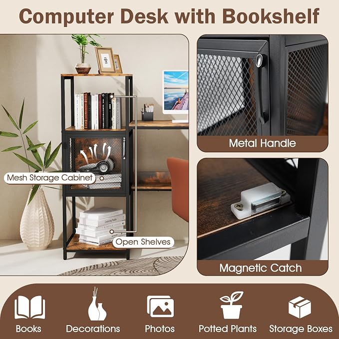 Giantex Computer Desk with Bookshelf, Modern Computer Workstation Home Office Desk with Storage Cabinet & Shelves, Metal Frame, Study Writing Desk for Small Space, Bedroom, Rustic Brown