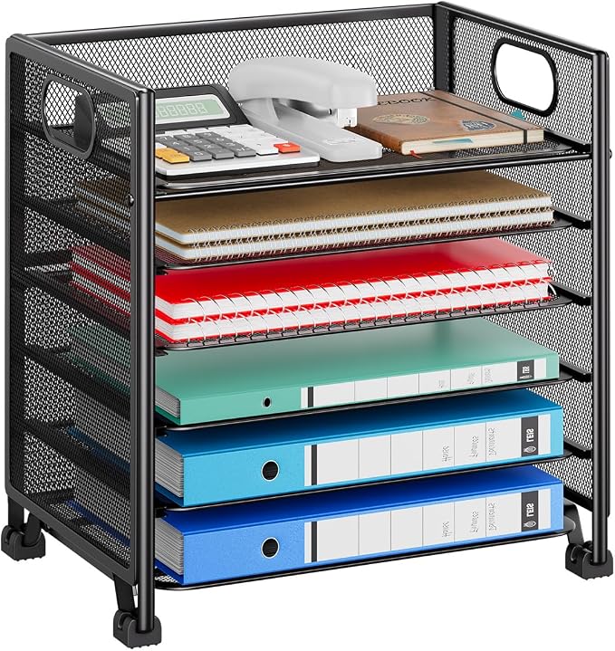 Simple Trending 6-Tier Paper Tray Organizer, File Organizer for Desk, Black | Letter Tray Holder with Handle. Sturdy Metal Frame. Non-slip Feet. Black for Office Home School. 13.35"L x 9.35"W x 15.6"H