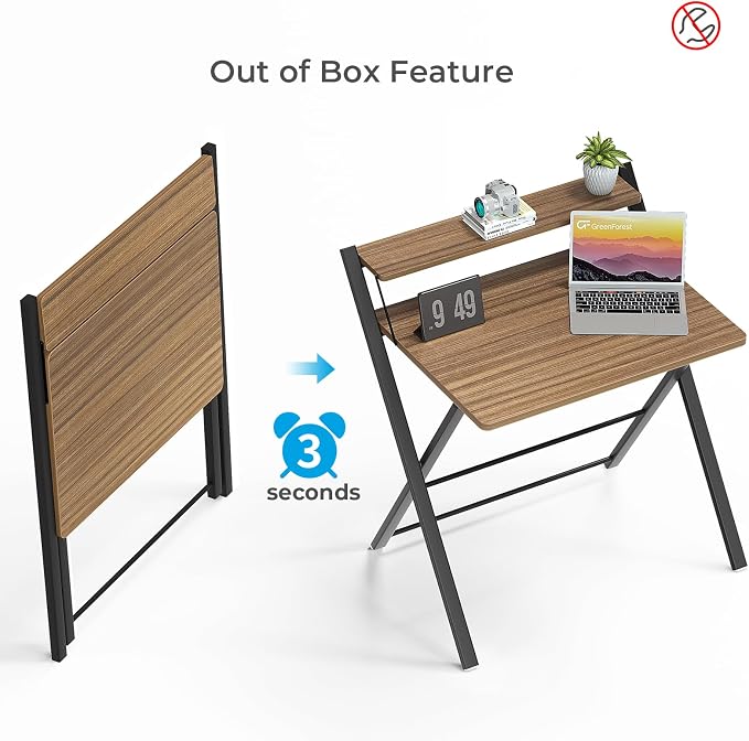 GreenForest Folding Desk No Assembly, Sturdy Computer Desk for Small Spaces | Portable Foldable Table for Laptop, 2-Tier Compact with Shelf, Space Saving for Home Office, Dorm, Apartment, 27"x 22" Walnut