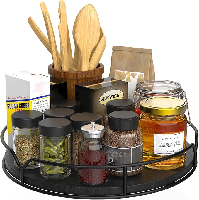 Lazy Susan Turntable Organizer with Anti-Slip Mat for Cabinet Pantry Kitchen Countertop Refrigerator Office, Pine Wood, 13", Black