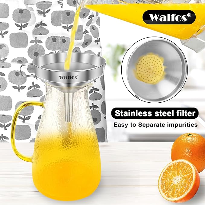 Walfos Extra Large Stainless Steel Funnel with Venting Slot, Kitchen Funnel with 2 Removable Strainer ＆ 1Pc Cleaning Brush, Perfect for Transferring Liquid, Oils, Jam, Dry Ingredients (Jumbo, 7.9")