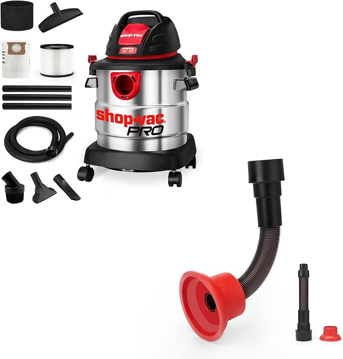 Shop-Vac 5 Gallon 4.5 Peak HP Wet/Dry Vacuum, Stainless Steel Tank, Portable Shop Vacuum 2-in-1 AC Drain Line Unclogger Tool, Universal Fit HVAC Drain Line Adapters for Vacuums