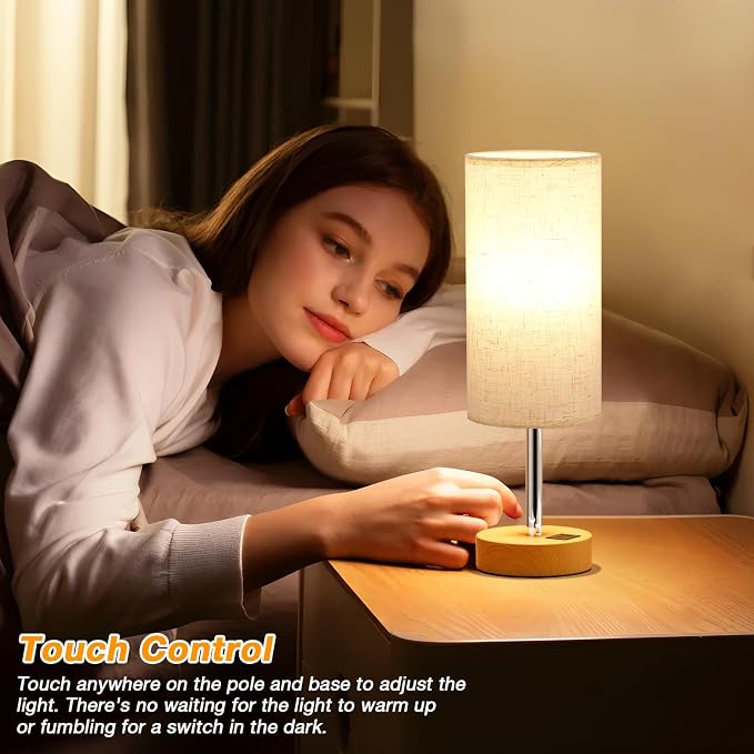 Dicoool Bedside Table Lamp Set of 2-3-Way Dimmable Touch Lamp, USB A+C | LED Bulb Included, USB C+A Charging Ports, Cream Fabric Lampshade, Metal Base, 14" Small Lamps for bedroom, Living Room