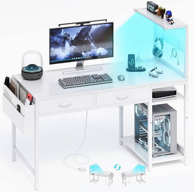 40 Inch Small Gaming Desk with Drawers & Led Lights & Storage Bag, White | Reversible Storage Shelf, Power Outlets, Wood Grain Gaming Table, Compact Computer Desk for Small Space, Bedroom, Home Office