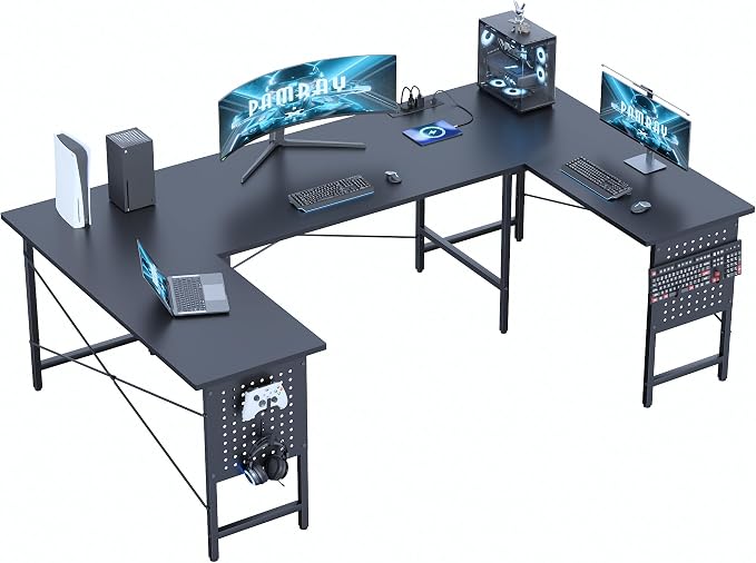 Pamray 71 Inch Large Gaming Desk with Power Outlets U Shaped Computer Desk | Spacious Workspace with USB Charging Ports & Pegboard & Headphone Hooks Suitable for PC Gaming Office Work Study and Writing