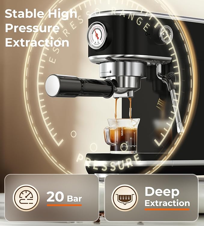 atatix 20 Bar Espresso Machine with Milk Frother, Compact Espresso Maker | Black Stainless Steel Coffee Machine,with Precise Temp Contro, 44oz Removable Water Tank for Latte, Cappuccino