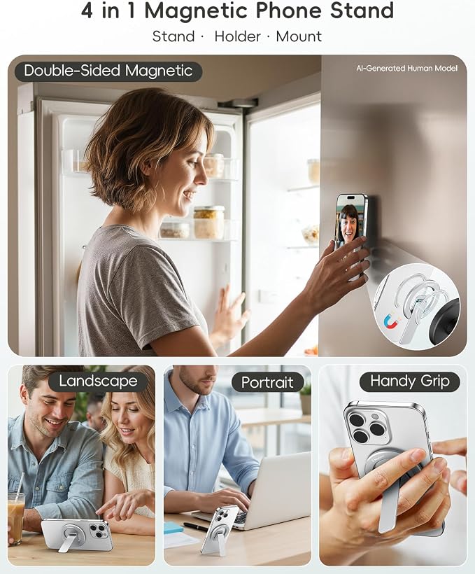 Double-Sided Magnetic Phone Stand Grip, Strong Magnetic Kickstand Desk Holder for Mag&Safe and Smartphone, Foldable Adjustable Design, Silver