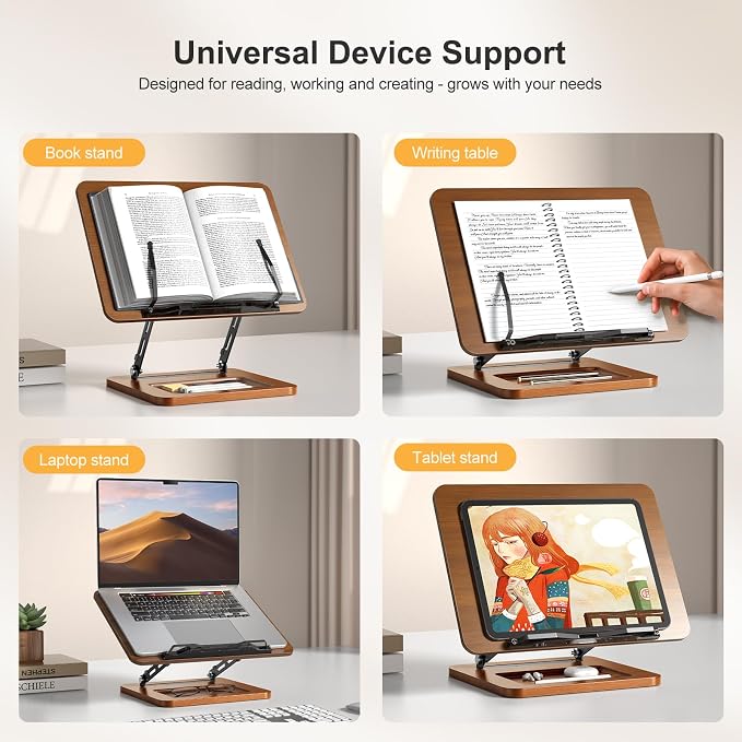 OPTIXCELL Book Stand with Light, Hands Free Book Holder, Gifts Book Lovers | Hands Free, Adjustable Height Angle, Built-in Storage Tray, 3-Mode Reading Light, Foldable Metal Frame, Fits Cookbook Tablet