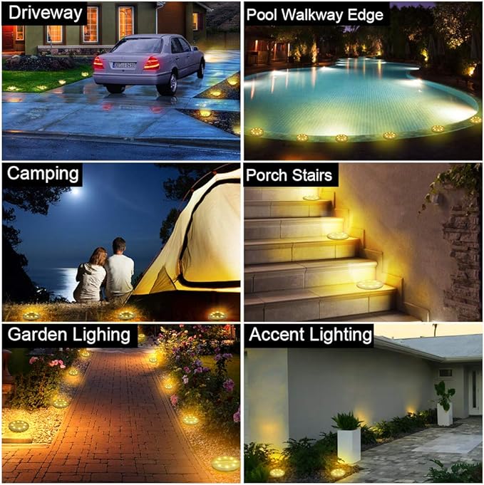 Solar Powered 8 Pack Outdoor LED Disk Lights - IP68 Waterproof, Non-Slip, Wear-Resistant Pathway Lights (Warm White)