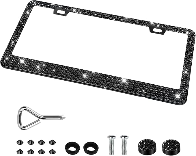 QUANQIUFEI Bling License Plate Frames for Women, Sparkly Rhinestone Diamond Car Accessories with Glitter Crystal Caps (1 Pack Black)