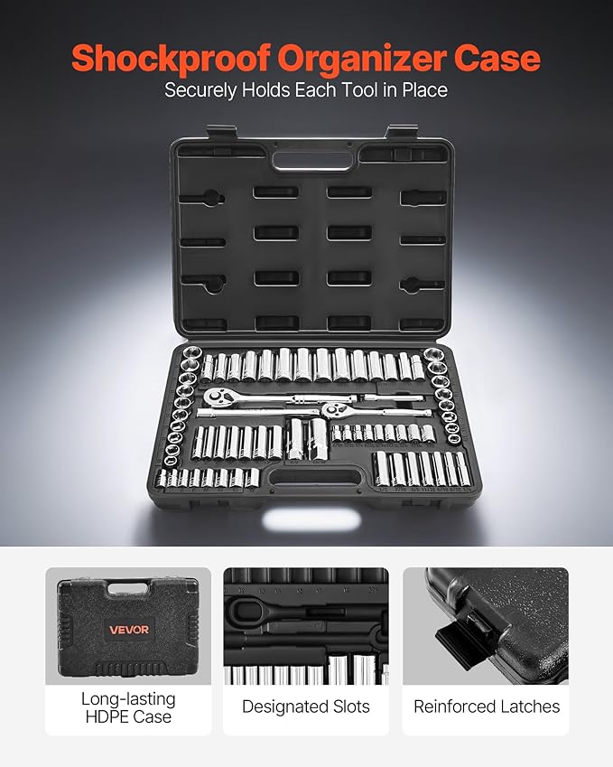 VEVOR Socket Set, 69 Pieces, 3/8 & 1/4 inch Drive Socket and Ratchet Set, SAE and Metric, Deep and Standard, Mechanic Tool Kit with Accessories and Storage Case, CR-V Alloy Steel, for Auto Repair