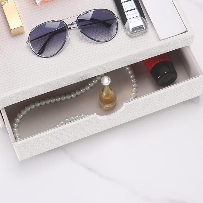 Leather Desk Organizer With Drawers, Home Cosmetics & Phone Remote Organizer, Drawer Plus Divider & Tray (white)