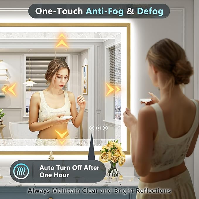 48x32 Gold Beveled LED Bathroom Mirror with Lights, Brushed Gold Framed Backlit and Front Lit Anti-Fog Lighted Vanity Mirrors for Bathroom Wall, Dimmable, 3 Colors, Memory, HD Tempered Glass
