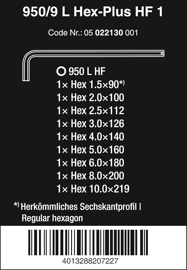 WERA 05022130001 950/9 L Hex-Plus HF 1 L-Key Set, Metric, Chrome-Plated, with Holding Function, 9 Pieces