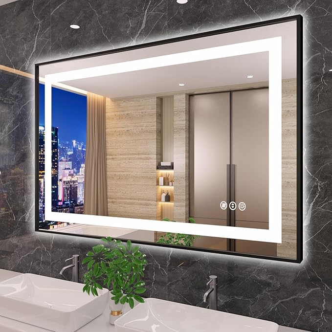 Amorho 48" X32" Black LED Mirror for Bathroom, Front Light and Backlit, Stepless Dimmable, Anti-Fog, Shatter-Proof, Memory, 3 Colors, Double LED Vanity Mirror