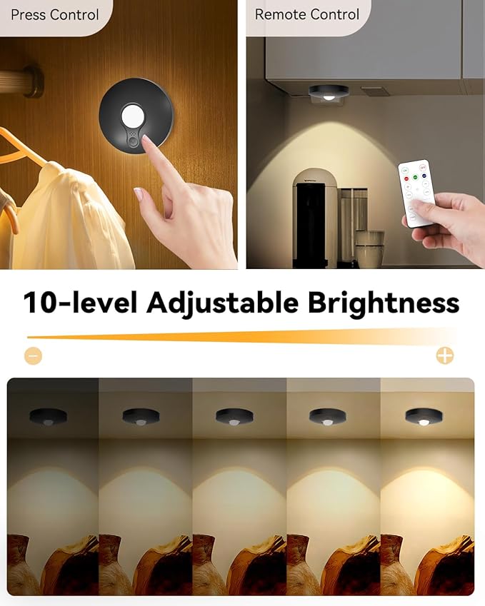 Rechargeable RGB Puck Lights with Remote Control, 1500mAh Battery Operated Push Lights, Dimmable & Timer Under Cabinet Lighting for Closet, Bedroom, Kitchen Black 6Pcs