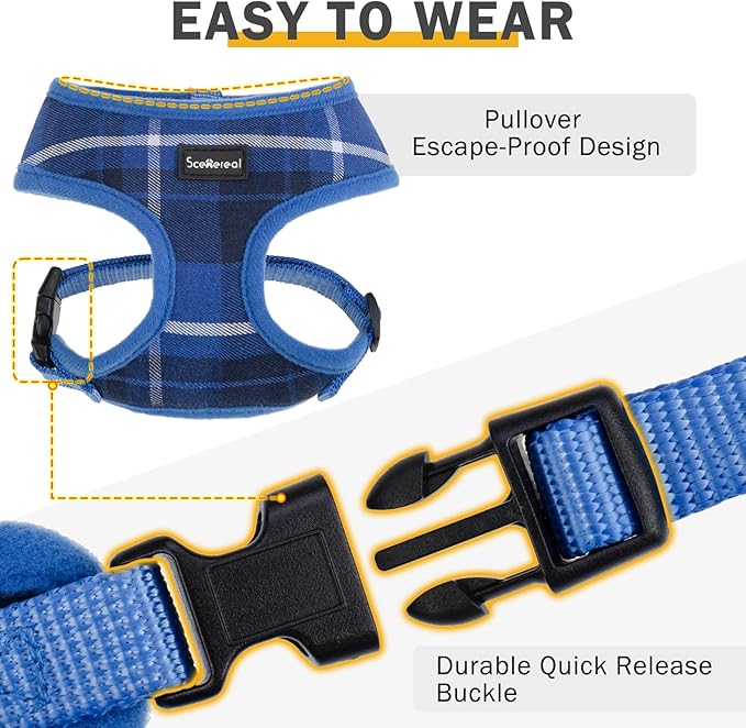 SCENEREAL Puppy Dog Harness with Leash Set for Small Medium Sized Dogs, Soft Mesh Pet Harnesses and Leash, No Chock Plaid Adjustable No Pull Vest for Dogs Cats, Chihuahua,Bulldog (Blue S)