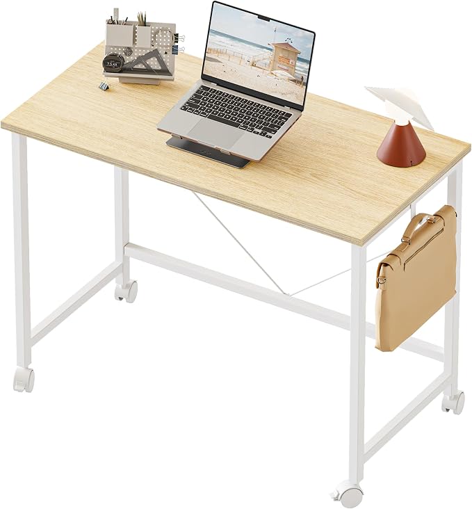Mericonia 32x16 Inch Computer Desk with Wheels, Small Simple Rolling Desk | Writing Table for Home Office Bedroom Work Study, Oak