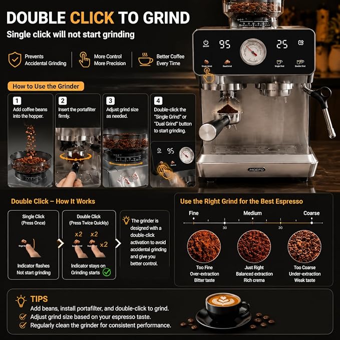 Espresso Machine with Grinder, 20-Bar Programmable Semi-Automatic Coffee Maker, Visual Pressure Gauge & Touchscreen, Compact Design with Tamper, Make Americano, Latte, Cold Brew, Silver