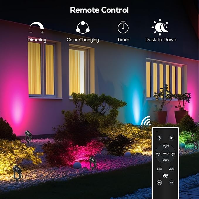 SUNTHIN Outdoor Landscape Lighting with Dusk to Dawn Sensor Controller & Remote, RGBW Color Changing Spot Uplights,10 Pack