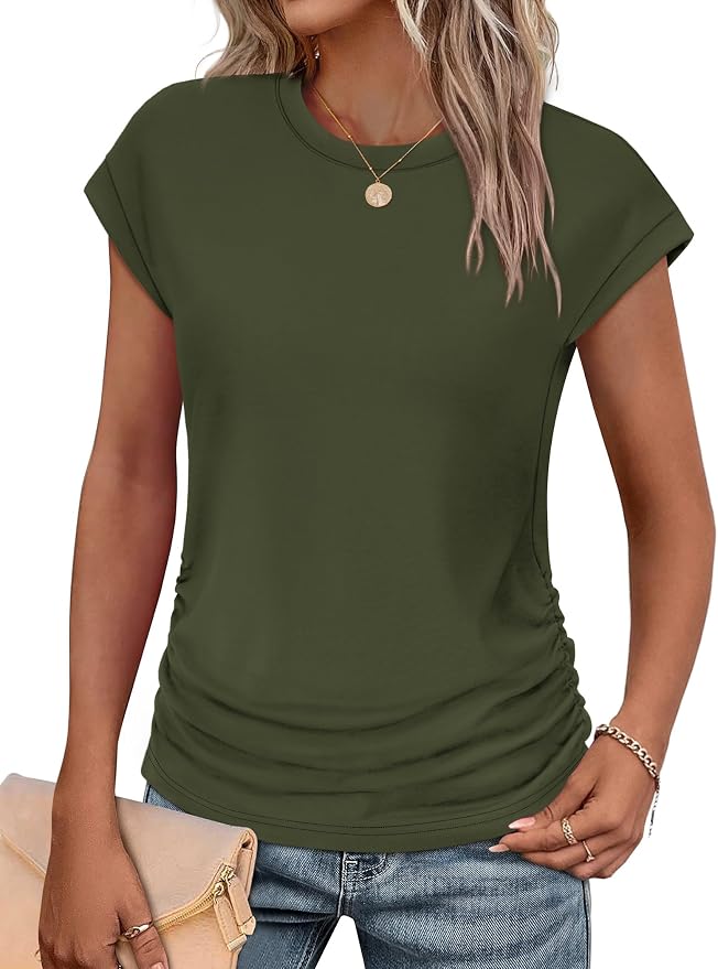 Sampeel Womens Summer Tops Trendy 2026 Ruched Cap Short Sleeve Tshirts Shirts Crew Neck T Shirts Fashion