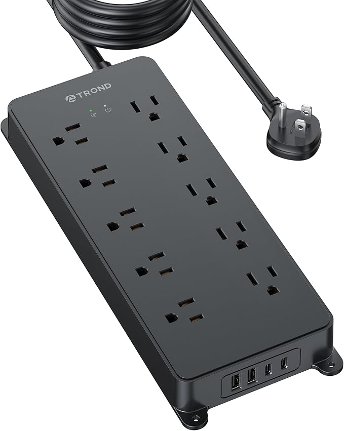 TROND Power Strip Surge Protector, Flat Plug 15ft Long Extension Cord, 10 Widely Spaced AC Outlets, 2 USB A & 2 USB C Ports, 4000J, ETL Listed, Wall Mountable, for Home Office Entertainment, Black