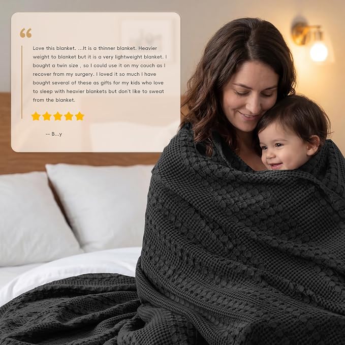 PHF 100% Cotton Waffle Weave Blanket Queen Size, Lightweight Breathable Summer Blanket for Hot Sleepers, Pre-Washed Soft Layer for Bed, Couch, Aesthetic Home Decor & Gift, 90"x90", Black