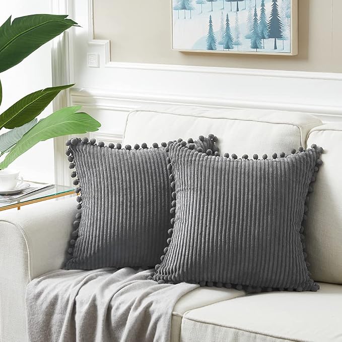 Fancy Homi Pack of 2 Dark Gray Decorative Throw Pillow Covers 26x26 Inch with Pom-poms for Couch Bed Living Room, Soft Corduroy Solid Square Cushion Case 66x66 cm, Farmhouse Boho Home Décor