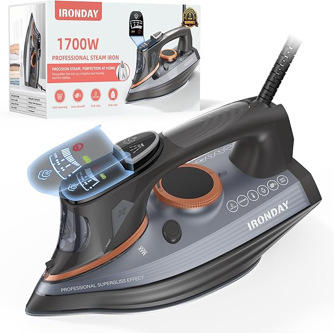 Steam Iron for Clothes with LCD Screen, 1700W Iron Non-Stick Ceramic Soleplate, Auto Shutoff, Self-Cleaning, Anti-Drip, Steam Burst, Spray Mist 10.14oz Water Tank Ironing Clothes for Home,Grey