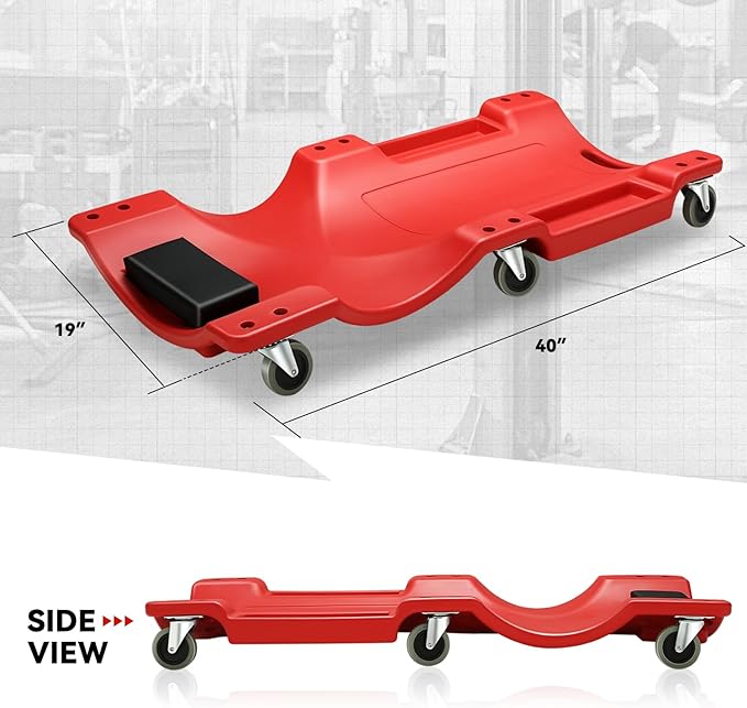 Auto Dynasty 40 Inches Mechanic Creeper, Automotive Garage Repair Low Profile Under Car Rolling Creeper with Padded Headrest, Plastic, Red