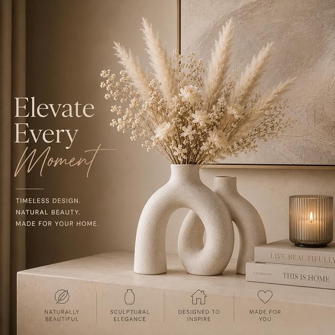 Cream White Decorative Vase Set - Modern Hug Donut Ceramic Vases by JAS & JAX GOODS, Minimalist Boho Style Centerpiece for Console Table, Living Room, Bookshelf, or Fireplace Mantel