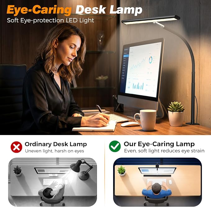 Airlonv LED Desk Lamp for Office Home, Eye-Caring Desk Light with Stepless Dimming Adjustable Flexible Gooseneck, 10W USB Adapter Desk Lamp with Clamp for Reading, Study, Workbench (Black)