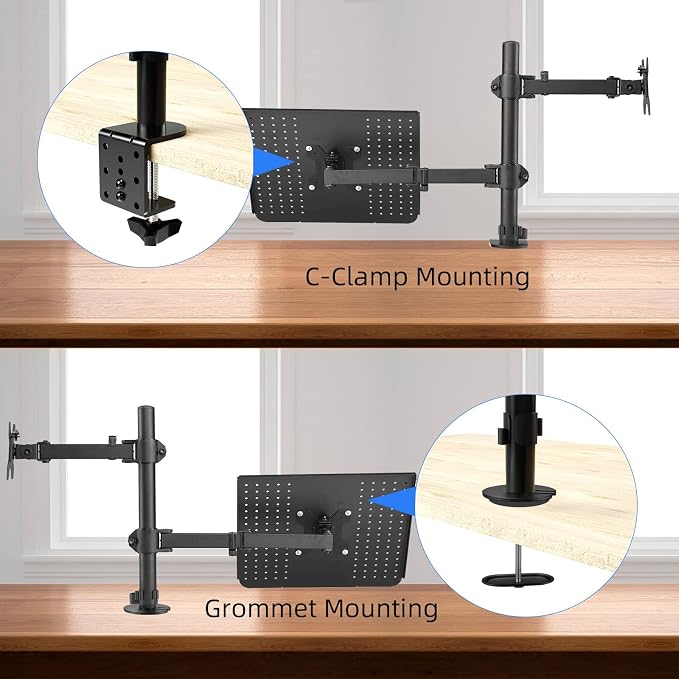 suptek Monitor and Laptop Mount Holds 13-32 inch Computer Screen, Adjustable Monitor Arm Stand with Laptop Tray for 13-27 inch, Hold 22 lbs, with Clamp and Grommet Mounting Base