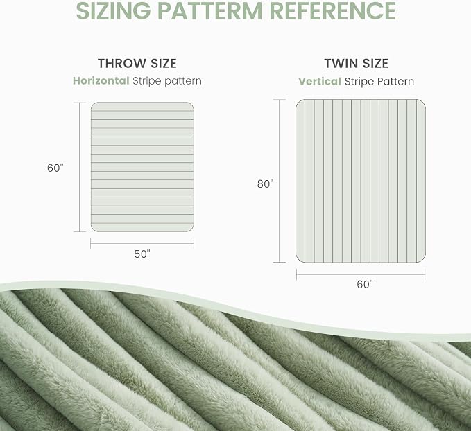 Cozy Bliss Faux Fur Throw Blanket for Couch, Cozy Warm Plush Striped Blanket for Sofa Bedroom Living Room, 50 * 60 Inches Sage Green