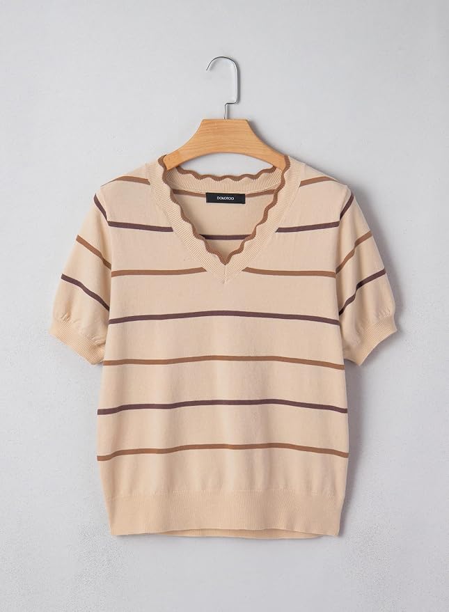 Dokotoo Womens Summer Short Sleeve Knit Tops 2026 Spring Trendy Casual V Neck Striped Sweater Blouses