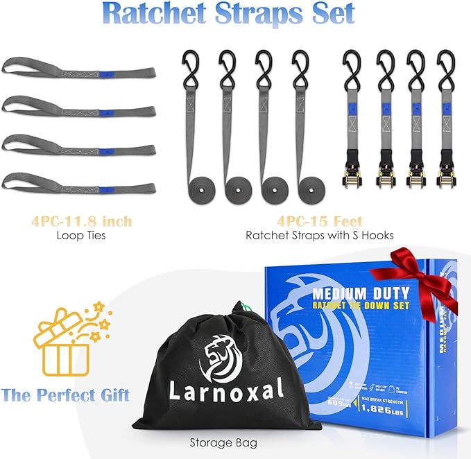 Ratchet Straps 4 Pack - 1,826 Lbs Break Strength 1 in x 15 Ft Medium Duty Ratchet Tie Down Straps with S Hooks Set for Truck, Cargo Van, Trailer, Motorcycle (Grey)